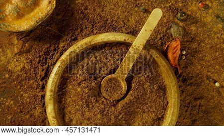 Cinnamon Ground Sticks Ceremony Cocoa Cloves Ground Coffee Spices On Wooden Table Closeup
