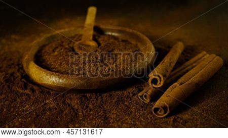 Cinnamon Ground Sticks Ceremony Cocoa Cloves Ground Coffee Spices On Wooden Table Closeup