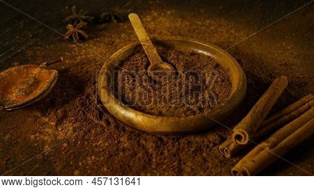 Cinnamon Ground Sticks Ceremony Cocoa Cloves Ground Coffee Spices On Wooden Table Closeup