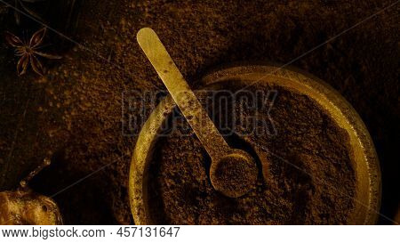 Cinnamon Ground Sticks Ceremony Cocoa Cloves Ground Coffee Spices On Wooden Table Closeup