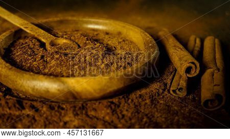 Cinnamon Ground Sticks Ceremony Cocoa Cloves Ground Coffee Spices On Wooden Table Closeup