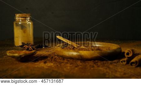 Cinnamon Ground Sticks Ceremony Cocoa Cloves Ground Coffee Spices On Wooden Table Closeup
