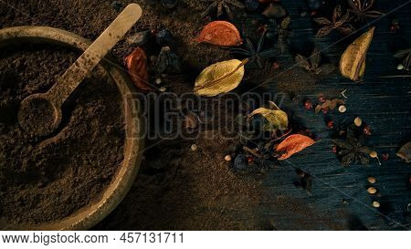 Cinnamon Ground Sticks Ceremony Cocoa Cloves Ground Coffee Spices On Wooden Table Closeup