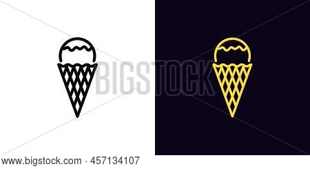 Outline Ice Cream Icon, With Editable Stroke. Ice Cream Ball With Waffle Cone, Dessert Pictogram. Ge