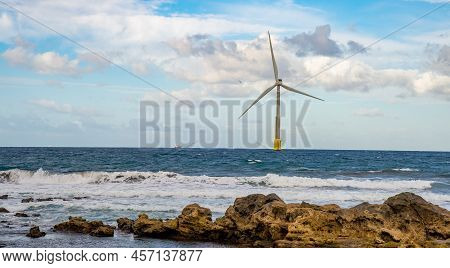 February 03 2022.a Giant Eolian Wind Turbine Producing Green Energy In The Atlantic Ocean Near The W