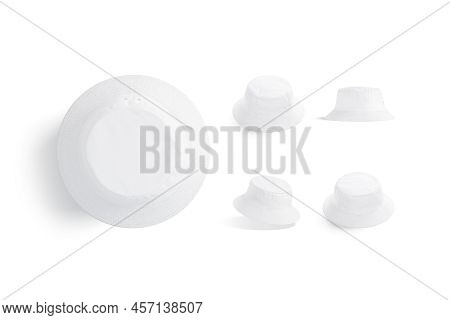 Blank White Bucket Hat Mockup, Different Views, 3d Rendering. Empty Textile Stitching Sunhat For Sum