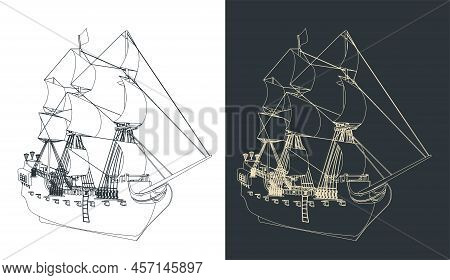 Stylized Vector Illustration Of A Large Sailing Ship From The 16th-18th Centuries