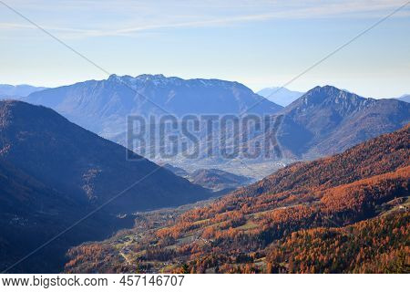 Mocheni Valley Autumn Landscape, Baselga Di Pine, Italy. Mountain View