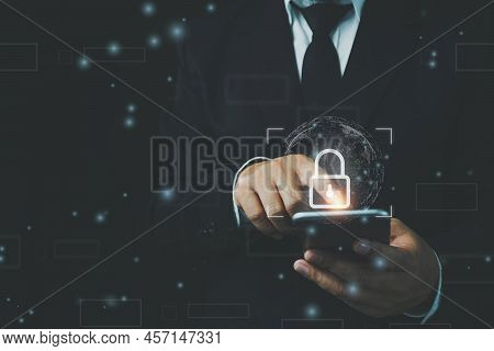 Cyber Security Internet And Networking Concept, Business Man Using Mobile Phone For Protect Personal
