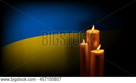Three Burning Wax Candles With Shadow On Background Of Ukrainian Flag. Day Of Remembrance Of Those K