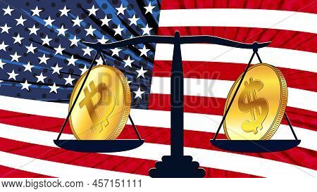 Gold Coin Of Bitcoin Btc And American Dollar Usd On Scales With Colored Flag Of America On Backgroun
