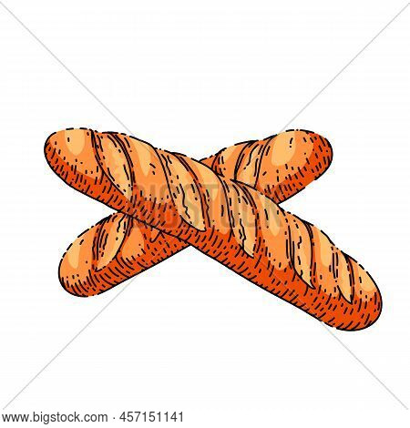 French Bread Hand Drawn Vector. Bakery Food, Vontage Loaf, Baguette Wheat, Pastry French Bread Sketc
