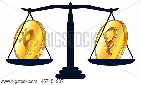 Gold Coin Of Bitcoin Btc And Russian Ruble Rub On Scales Isolated On White Background. Laws On Digit