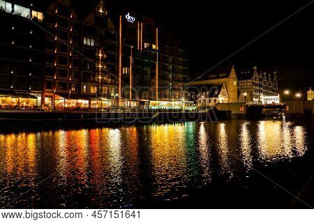 Gdansk Poland March 2022 Old Town In Gdansk At Night. The Riverside On Granary Island Reflection In 