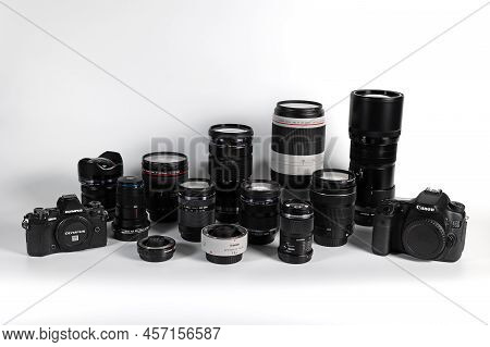 Bangkok, Thailand - June 27, 2022 : Photographic Equipment Lens And Cameras Isolated On White Backgr