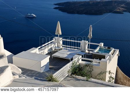 Imerovigli, Santorini, Greece - June 29, 2021: Beautiful White Terrace In The Village Of Imerovigli 