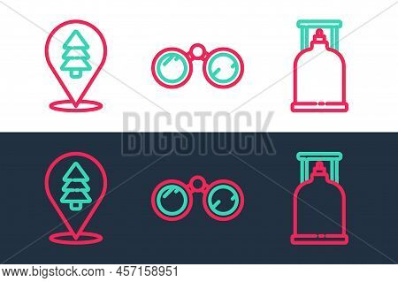 Set Line Camping Gas Stove, Location Of The Forest And Binoculars Icon. Vector