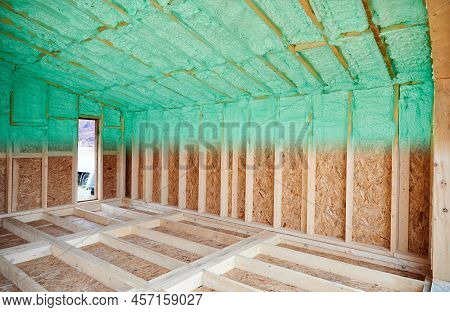 Photo Collage Before And After Thermal Insulation Room In Wooden Frame House In Scandinavian Style B