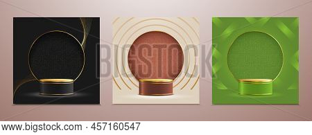 Set Of Realistic Elegant Podium With Circle Backdrop And Gold Lines