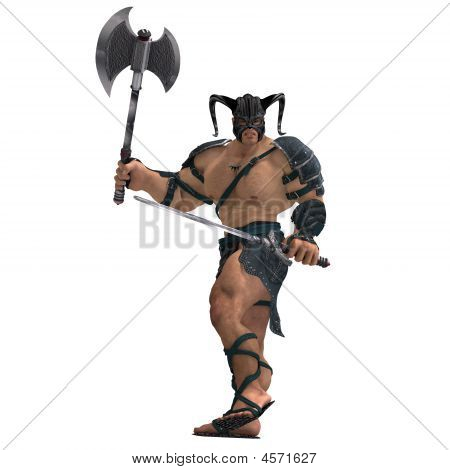 Muscular Barbarian Fight With Sword And Axe