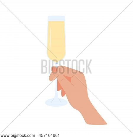 Female Or Male Hand Holding Champagne Glass With Mimosa Cocktail. Flute Tulip Glass With Alcohol Dri