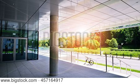 Abstract Fragment Of Contemporary Architecture, Walls Made Of Glass And Concrete.office Building. Br