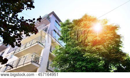 Fragment Of Modern Residential Apartment With Flat Buildings Exterior. Detail Of New Luxury House An