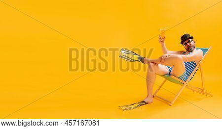 Flyer With Funny Beachgoer, Fat Man In Vintage Striped Swimsuit And Bowler Hat Sitting In Sunbed Iso