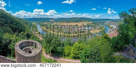 Drone Panorama Over River Main In Germany With Village Freudenberg