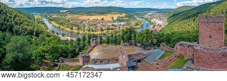 Drone Panorama Over River Main In Germany With Village Freudenberg