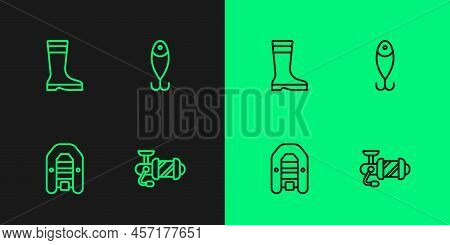 Set Line Spinning Reel For Fishing, Inflatable Boat With Motor, Fishing Boots And Lure Icon. Vector