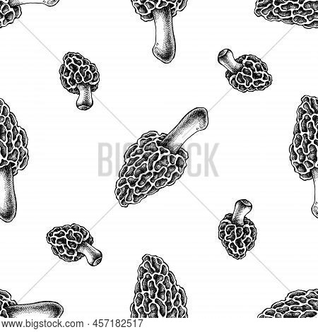 Seamless Pattern With Black And White Morel Mushroom Stock Illustration