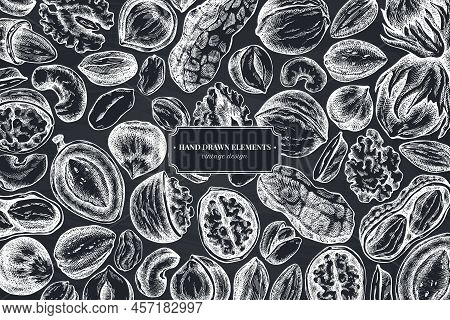 Monochrome Design With Chalk Cashew, Peanut, Pistachio, Hazelnut, Almond Walnut Stock Illustration