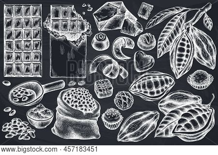 Vector Set Of Hand Drawn Chalk Cocoa Beans, Cocoa, Chocolate, Chocolate Candies Stock Illustration