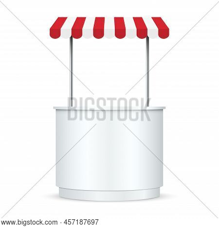Realistic Market Stall With Sunshade Stripe And Shadow. Mockup Template Design For Street Fast Food 