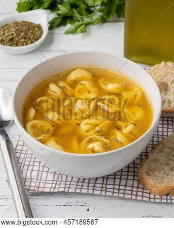 Black Bean Soup In A Bowl Over Wooden Table.