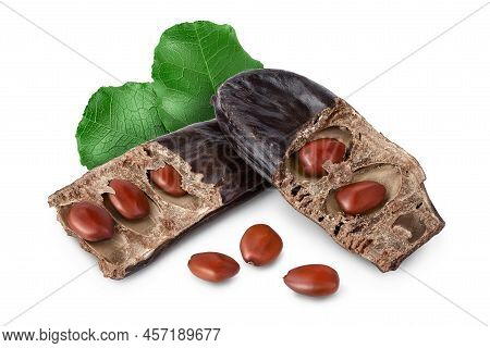 Ripe Carob Pods And Bean Isolated On White Background With Full Depth Of Field