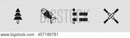 Set Tree, Fish, Flag Of Iceland And Oars Or Paddles Boat Icon. Vector