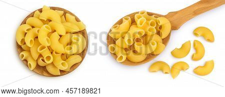 Raw Macaroni Pasta In Wooden Spoon And Bowl Isolated On White Background. Top View. Flat Lay. Set Or