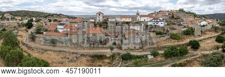 Aerial View Of The Historic Village Of Castelo Mendo In Portugal. Low Front Aerial View