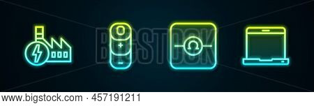 Set Line Nuclear Power Plant, Battery Charge, Ohmmeter And Laptop. Glowing Neon Icon. Vector