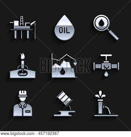 Set Drop In Crude Oil Price, Barrel Leak, Oil Pump Or Pump Jack, Broken Pipe With Leaking Water, Oil