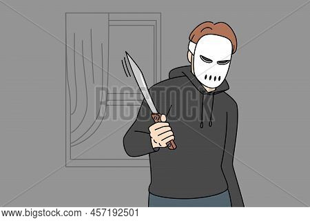 Man In Mask Holding Knife Sneaking To Stranger Apartment. Criminal Or Thief In Facemask Robbing Hous