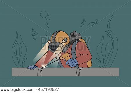 Diver In Uniform Underwater Repair Pipe. Man In Protective Gear Fixing Tube Lines Under Water. Flat 