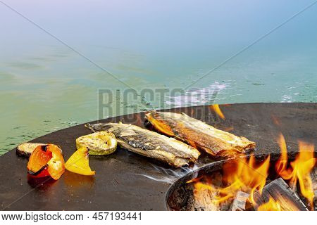Close Up Seafood And Vegetables Cuisine. Grilled Fish, Zucchini, Pepper Hot Bbq Charcoal Grill. Flam