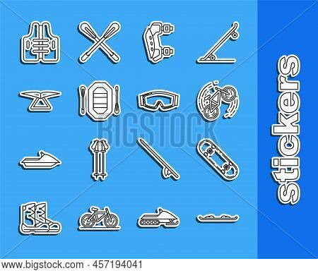 Set Line Snowboard, Skateboard Trick, Bicycle, Knee Pads, Rafting Boat, Hang Glider, Life Jacket And