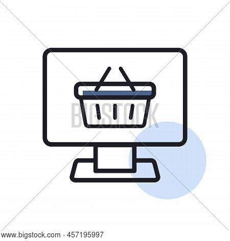 Computer Display With Shopping Cart Icon Vector. Online Shoping Basket Symbol, Logo Illustration. E-