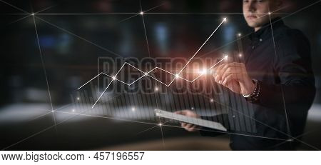 Concept Of Modern Technology Successful Business Work. Businessman Working On Virtual Computer With 