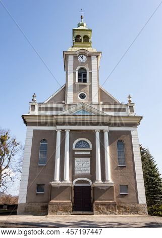Bystrice, Czech Republic - March 30, 2018: Evangelic Church In Bystrice, Czech Republic With Polish 