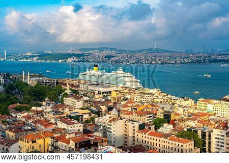 Aerial View Of Isanbul Old Town District With Bosphorus Strait